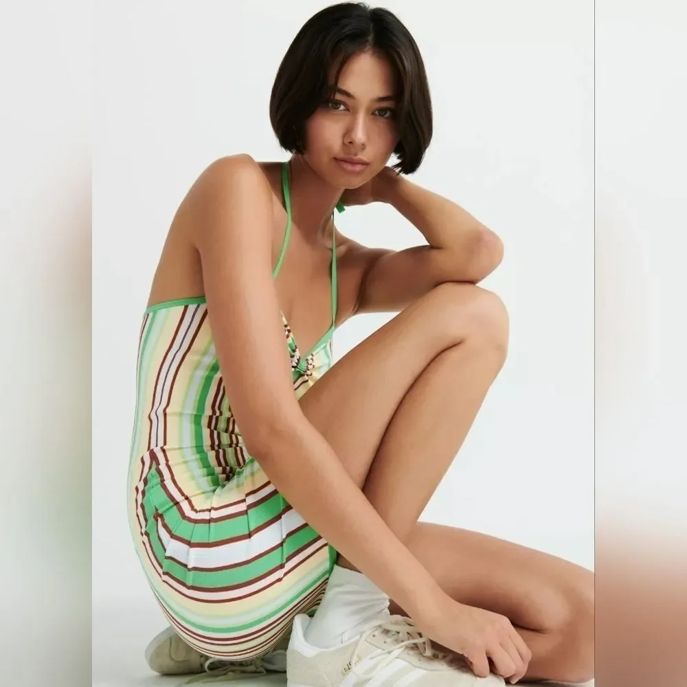 Aritzia Sunday Best Jett‎ Green Striped Halter Bodycon Knit Mini Dress Small